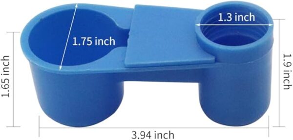 A blue cup holder is shown with the measurements.