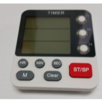 A timer with a red button on it.