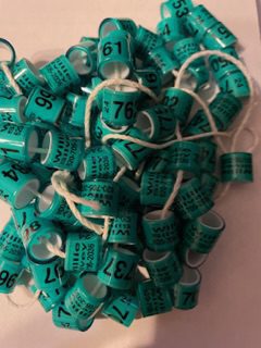 A pile of green plastic tags sitting on top of each other.|