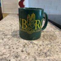 A green coffee mug sitting on top of a counter.|A green banner with the words " unborg " written in yellow.|A green mug with the logo of lord nelson.