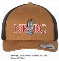 A brown and black hat with an eagle logo.|A brown and black hat with an eagle logo.