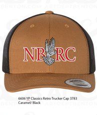 A brown and black hat with an eagle logo.|A brown and black hat with an eagle logo.