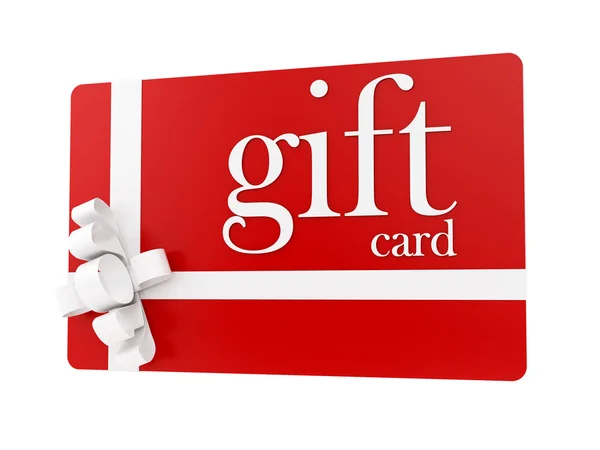 A red gift card with white ribbon and bow.