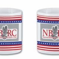 Two mugs with the national bureau of color car logo on them.|A red white and blue background with stars and stripes.|A coffee mug with a colorful stripe design.