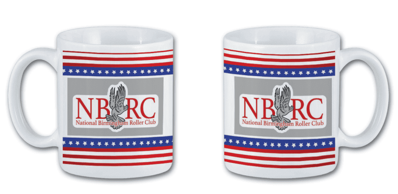 Two mugs with the national bureau of color car logo on them.|A red white and blue background with stars and stripes.|A coffee mug with a colorful stripe design.