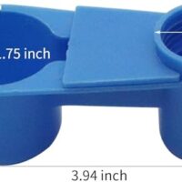 A blue cup holder is shown with the measurements.|A dozen blue cups sitting on top of each other.